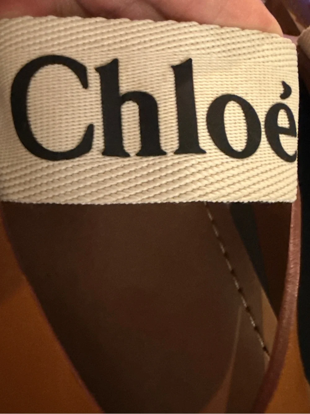 CHLOE Woody Flat Sandal Thong Slingback Logo Canvas Tan EU 35 US 5